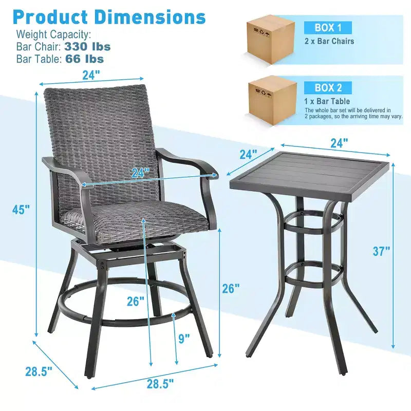 Costway 3PCS Patio Rattan Bar Table Stools Set Aluminum 360 Swivel Chairs with Padded Seat