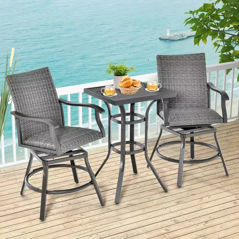 Costway 3PCS Patio Rattan Bar Table Stools Set Aluminum 360 Swivel Chairs with Padded Seat