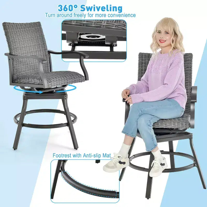 Costway 3PCS Patio Rattan Bar Table Stools Set Aluminum 360 Swivel Chairs with Padded Seat