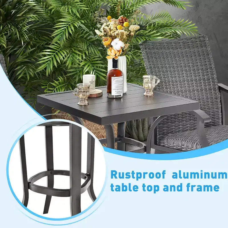 Costway 3PCS Patio Rattan Bar Table Stools Set Aluminum 360 Swivel Chairs with Padded Seat