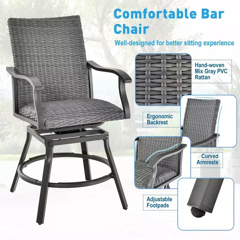 Costway 3PCS Patio Rattan Bar Table Stools Set Aluminum 360 Swivel Chairs with Padded Seat
