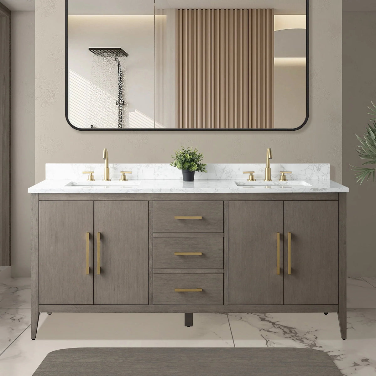 Vanity Art 72 Double Sink Bathroom Vanity Cabinet with Engineered Marble Top