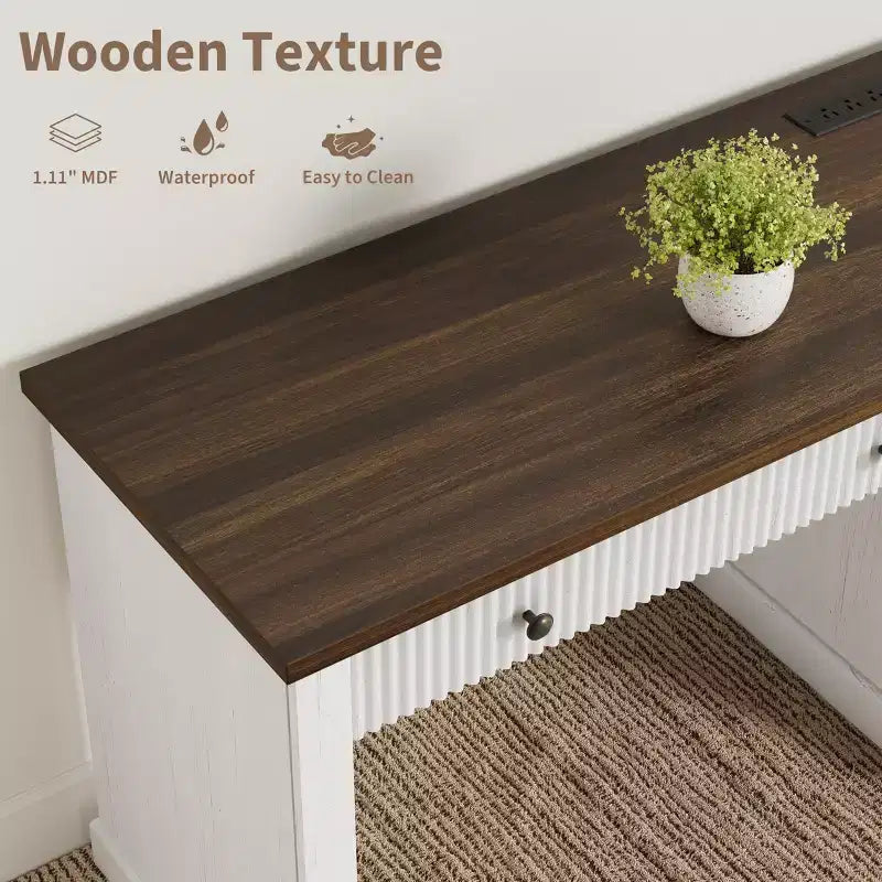 Fluted Home Office Desk Storage, 54 Modern Executive Desk with Charging Station, Wooden Computer Writing Desk with File Drawers for Study Room