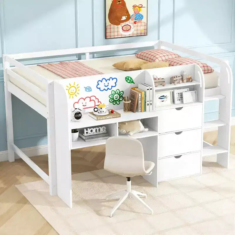 Pink/White Low Loft Bed with Desk, Storage & Whiteboard ¨C Twin, 1-Person