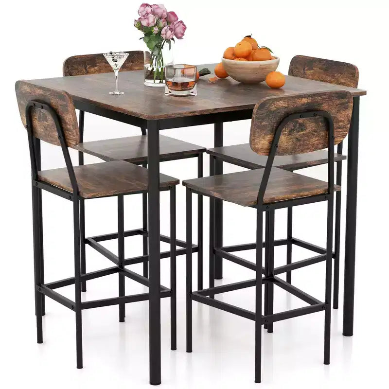 Costway 5-Piece Industrial Dining Table Set with Counter Height Table & 4 Bar Stools Black/Grey/Walnut