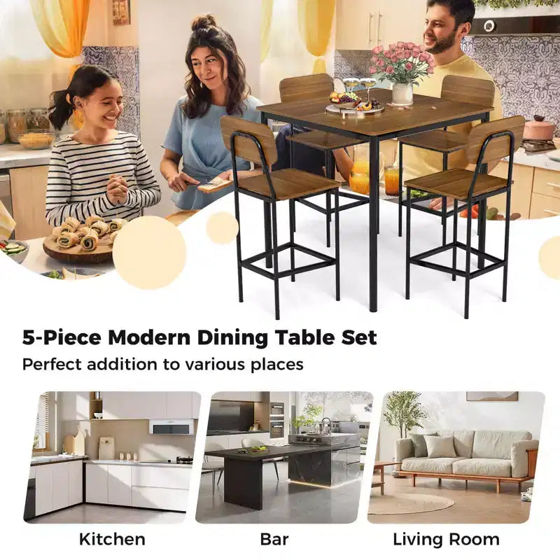 Costway 5-Piece Industrial Dining Table Set with Counter Height Table & 4 Bar Stools Black/Grey/Walnut