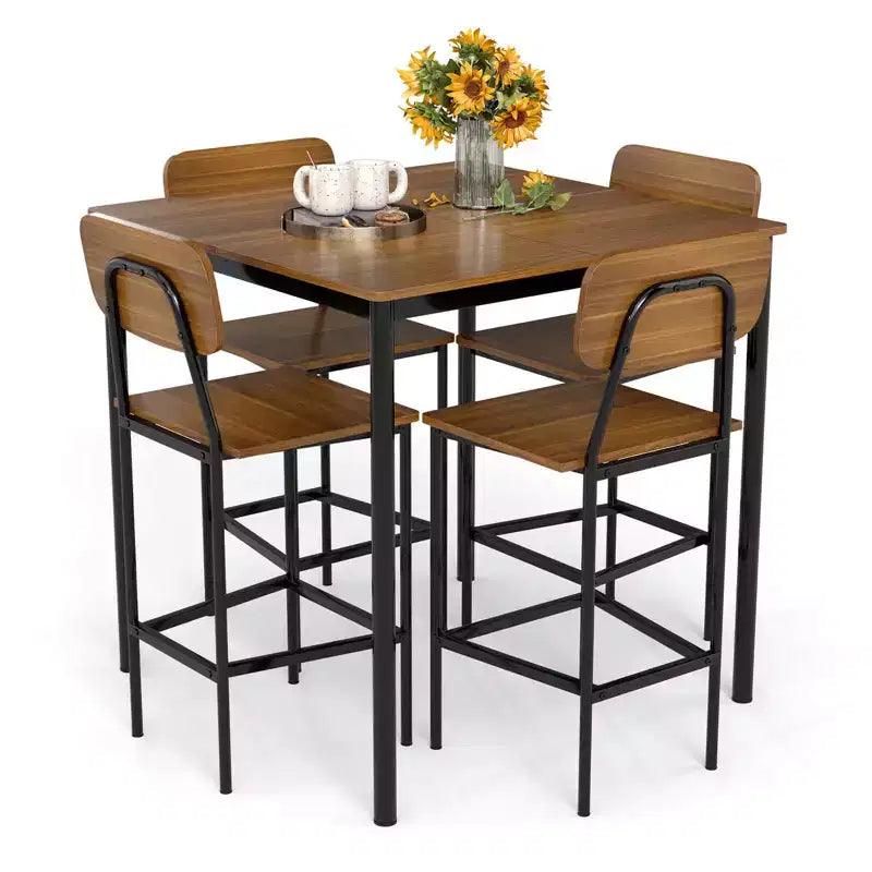 Costway 5-Piece Industrial Dining Table Set with Counter Height Table & 4 Bar Stools Black/Grey/Walnut