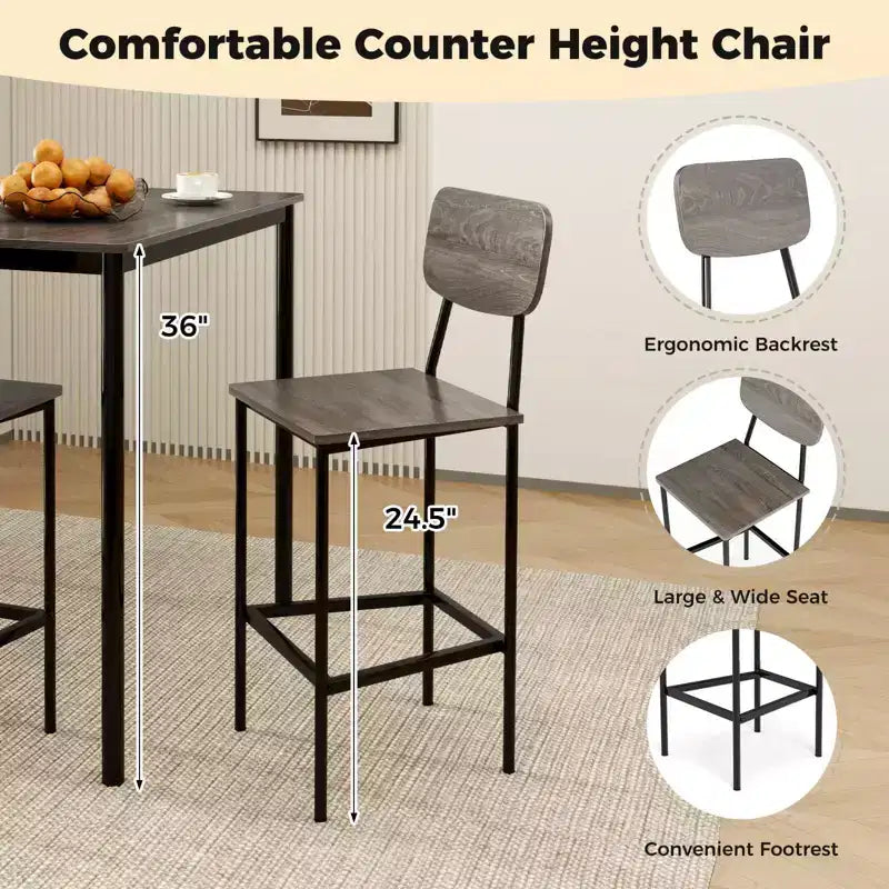 Costway 5-Piece Industrial Dining Table Set with Counter Height Table & 4 Bar Stools Black/Grey/Walnut
