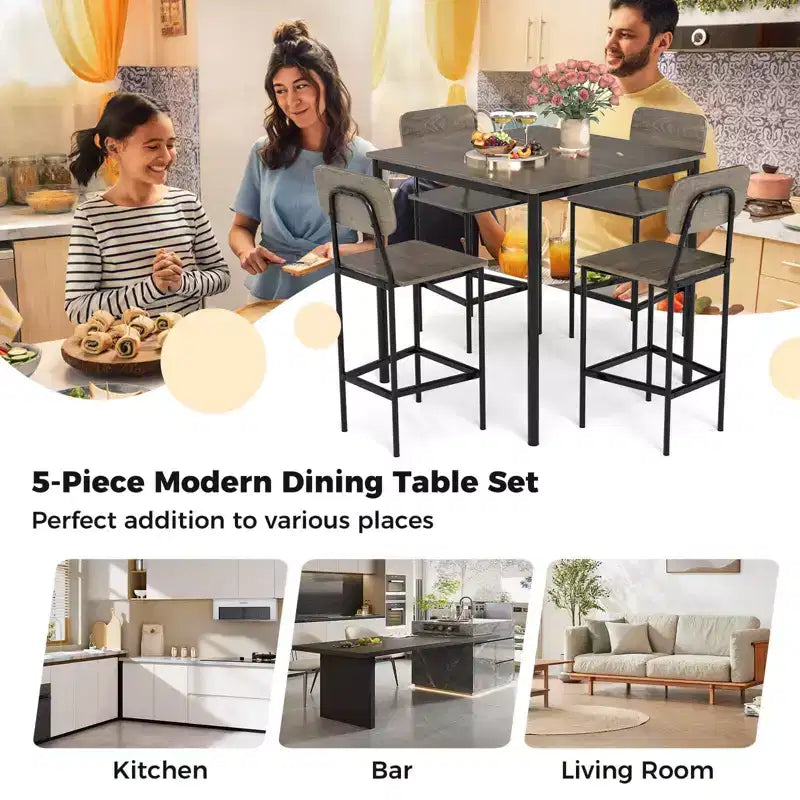 Costway 5-Piece Industrial Dining Table Set with Counter Height Table & 4 Bar Stools Black/Grey/Walnut
