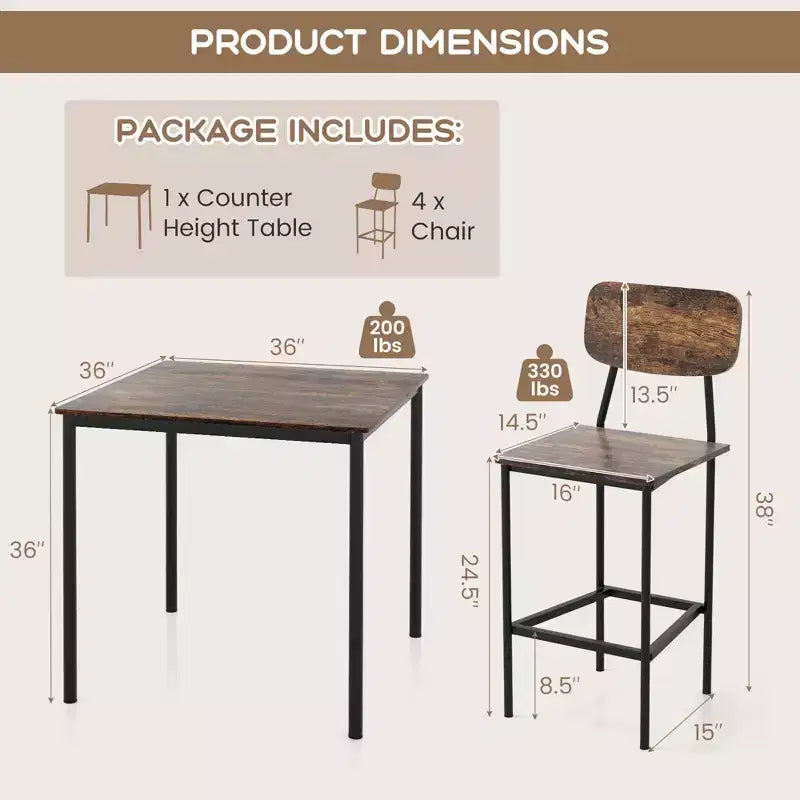 Costway 5-Piece Industrial Dining Table Set with Counter Height Table & 4 Bar Stools Black/Grey/Walnut