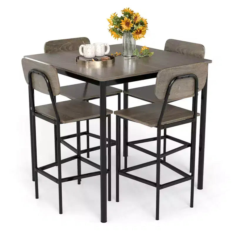 Costway 5-Piece Industrial Dining Table Set with Counter Height Table & 4 Bar Stools Black/Grey/Walnut