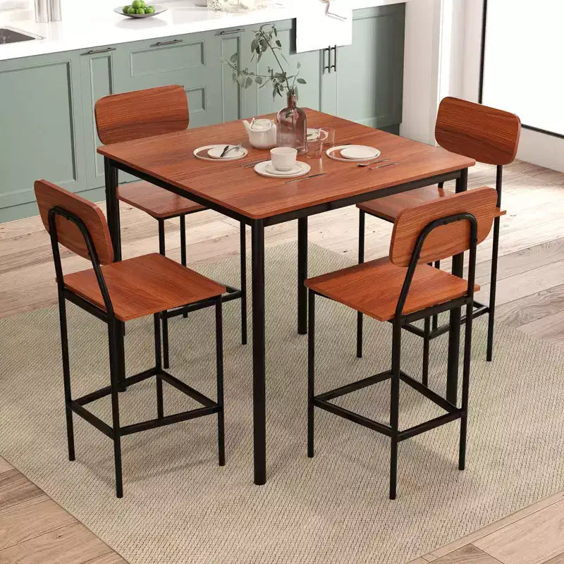 Costway 5-Piece Industrial Dining Table Set with Counter Height Table & 4 Bar Stools Black/Grey/Walnut