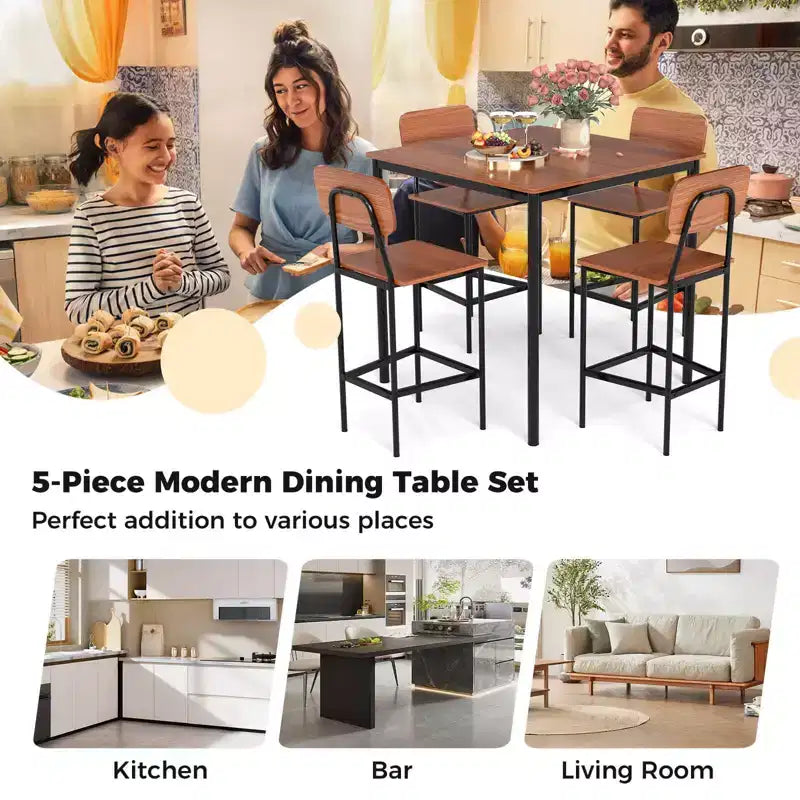 Costway 5-Piece Industrial Dining Table Set with Counter Height Table & 4 Bar Stools Black/Grey/Walnut