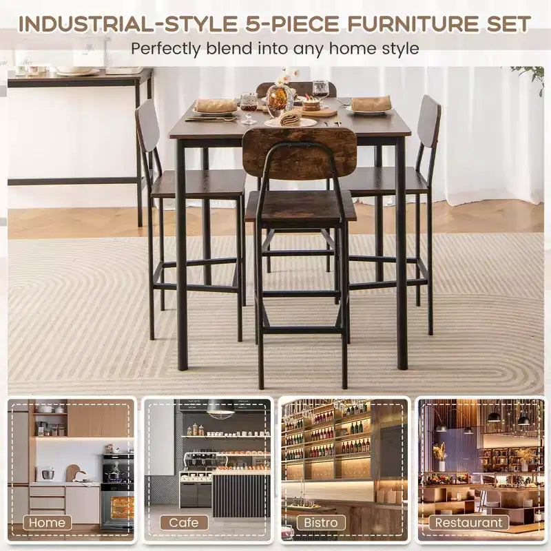 Costway 5-Piece Industrial Dining Table Set with Counter Height Table & 4 Bar Stools Black/Grey/Walnut
