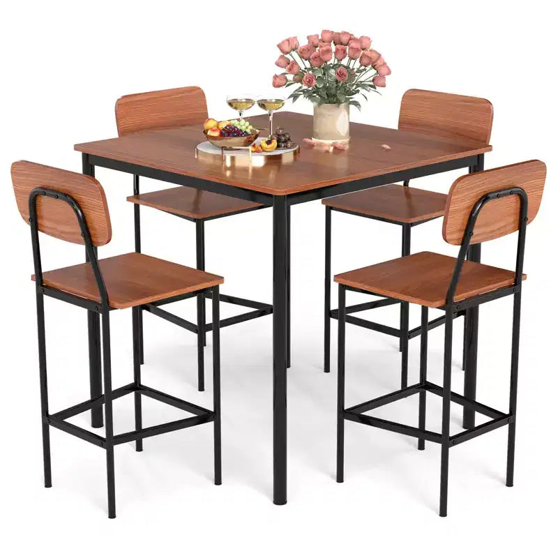 Costway 5-Piece Industrial Dining Table Set with Counter Height Table & 4 Bar Stools Black/Grey/Walnut