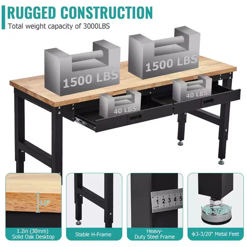60 Inches Workbench, Rubber Wood Tabletop Work Table with 2 Drawers and Pegboard, 3000 LBS Heavy Duty Adjustable Height Work Bench with Power Outlets