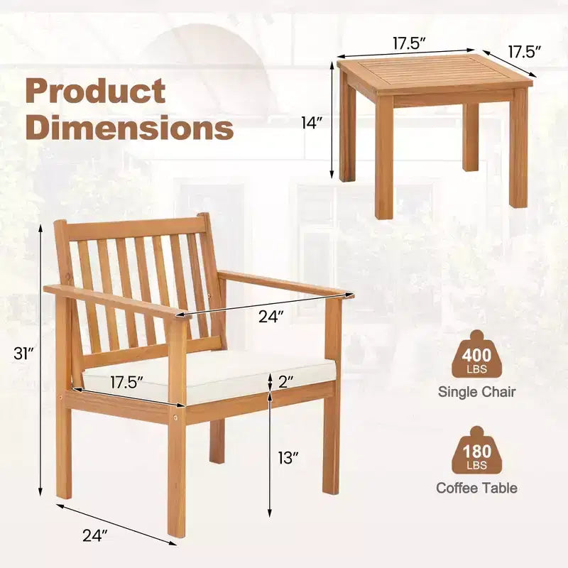 Costway 3 PCS Patio Wood Furniture Set Acacia Wood Chairs & Coffee Table with soft Cushions Grey/White