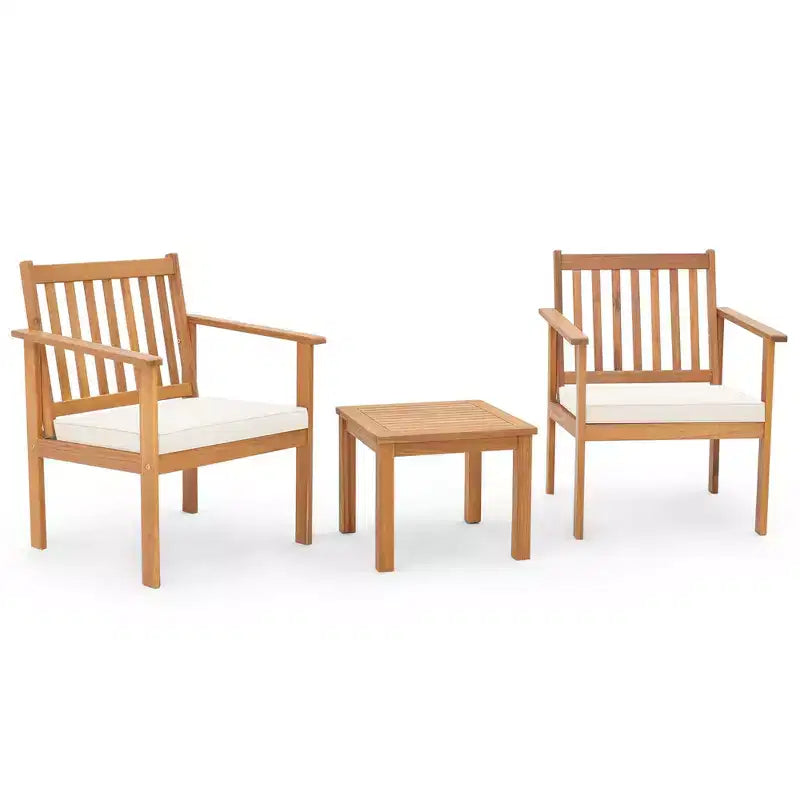 Costway 3 PCS Patio Wood Furniture Set Acacia Wood Chairs & Coffee Table with soft Cushions Grey/White