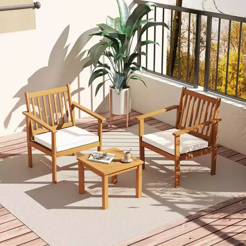 Costway 3 PCS Patio Wood Furniture Set Acacia Wood Chairs & Coffee Table with soft Cushions Grey/White