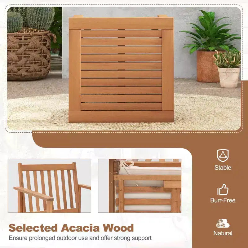 Costway 3 PCS Patio Wood Furniture Set Acacia Wood Chairs & Coffee Table with soft Cushions Grey/White