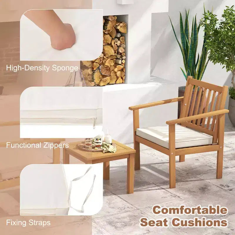 Costway 3 PCS Patio Wood Furniture Set Acacia Wood Chairs & Coffee Table with soft Cushions Grey/White