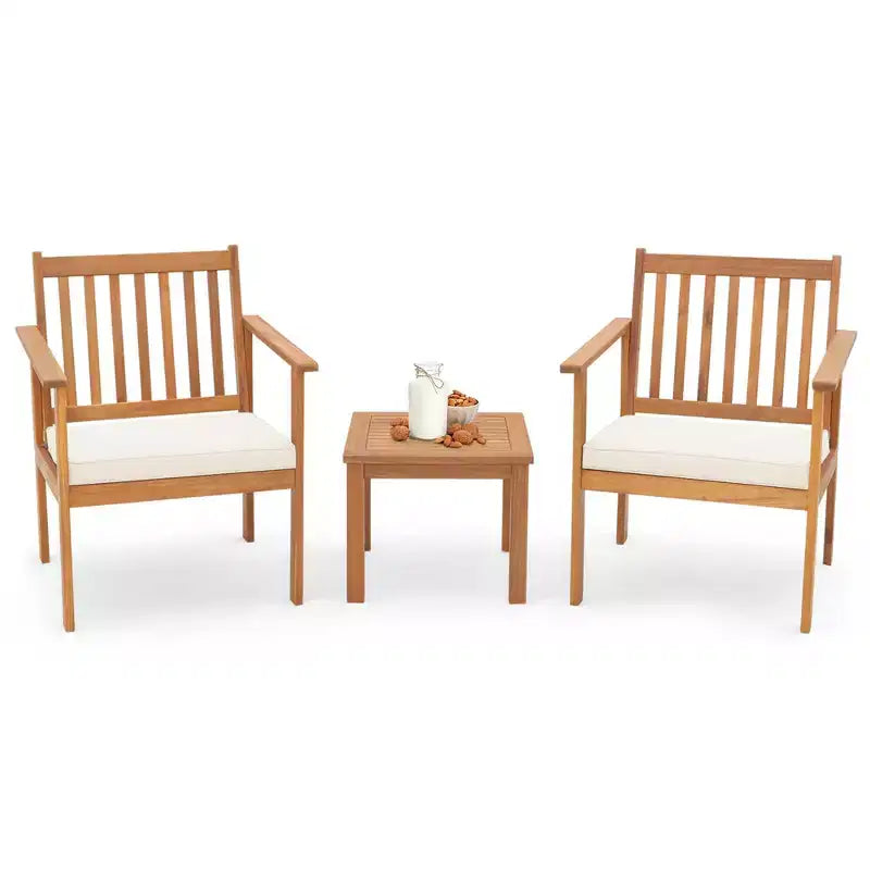 Costway 3 PCS Patio Wood Furniture Set Acacia Wood Chairs & Coffee Table with soft Cushions Grey/White