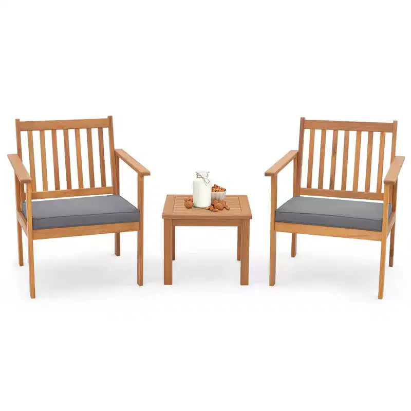 Costway 3 PCS Patio Wood Furniture Set Acacia Wood Chairs & Coffee Table with soft Cushions Grey/White