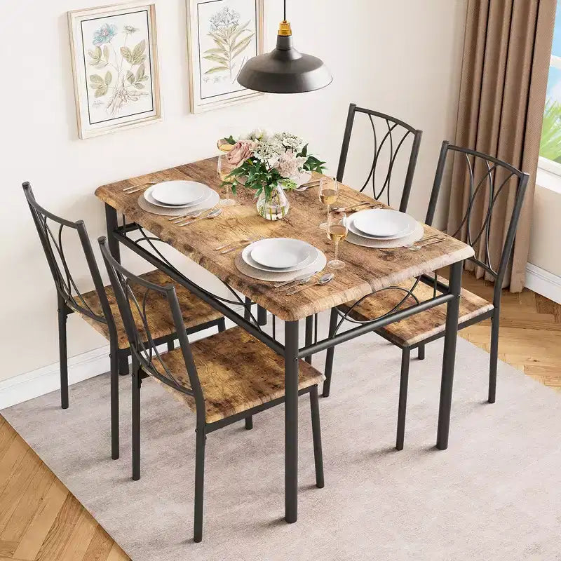 Garvee Dining Table Set of 4, Rectangular Dining Room Table Set with 4 Chairs for Small Space, 5 Piece Kitchen Table, Apartment, Retro Brown