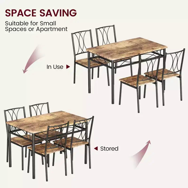 Garvee Dining Table Set of 4, Rectangular Dining Room Table Set with 4 Chairs for Small Space, 5 Piece Kitchen Table, Apartment, Retro Brown