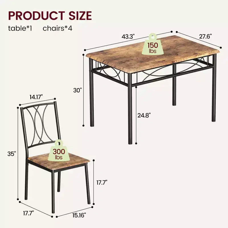 Garvee Dining Table Set of 4, Rectangular Dining Room Table Set with 4 Chairs for Small Space, 5 Piece Kitchen Table, Apartment, Retro Brown