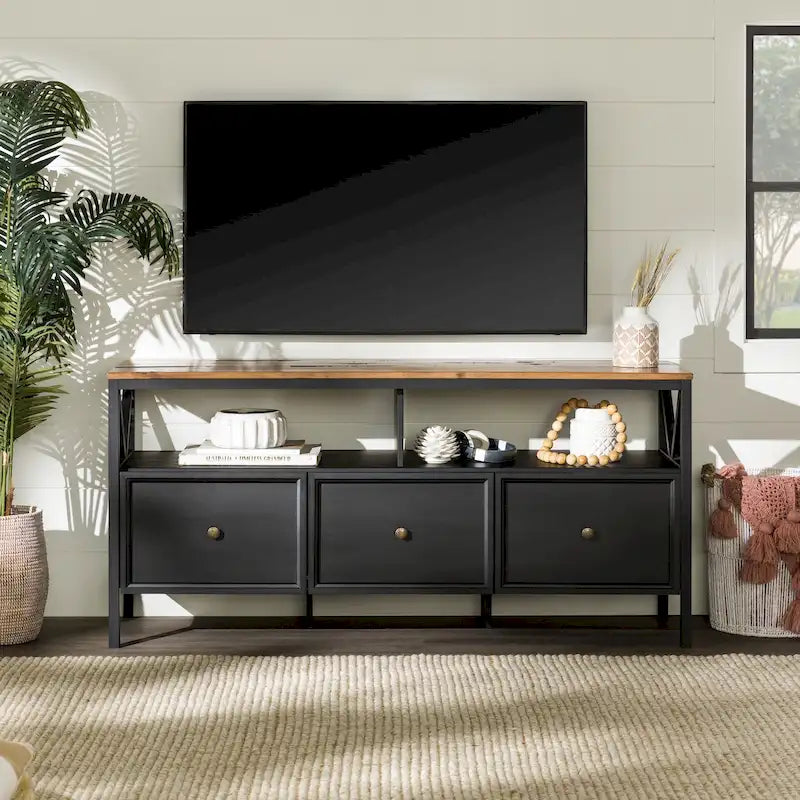 Meuble TV rustique bicolore de 60 po avec 3 tiroirs et compartiments ouverts — Style Ferme