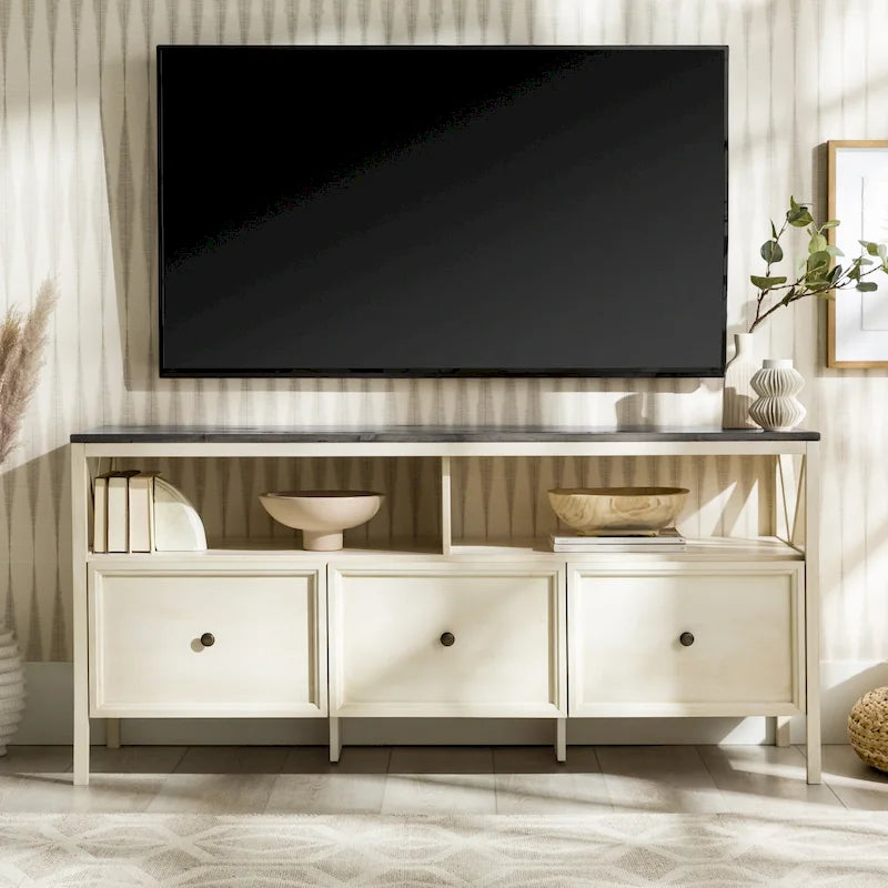 Meuble TV rustique bicolore de 60 po avec 3 tiroirs et compartiments ouverts — Style Ferme