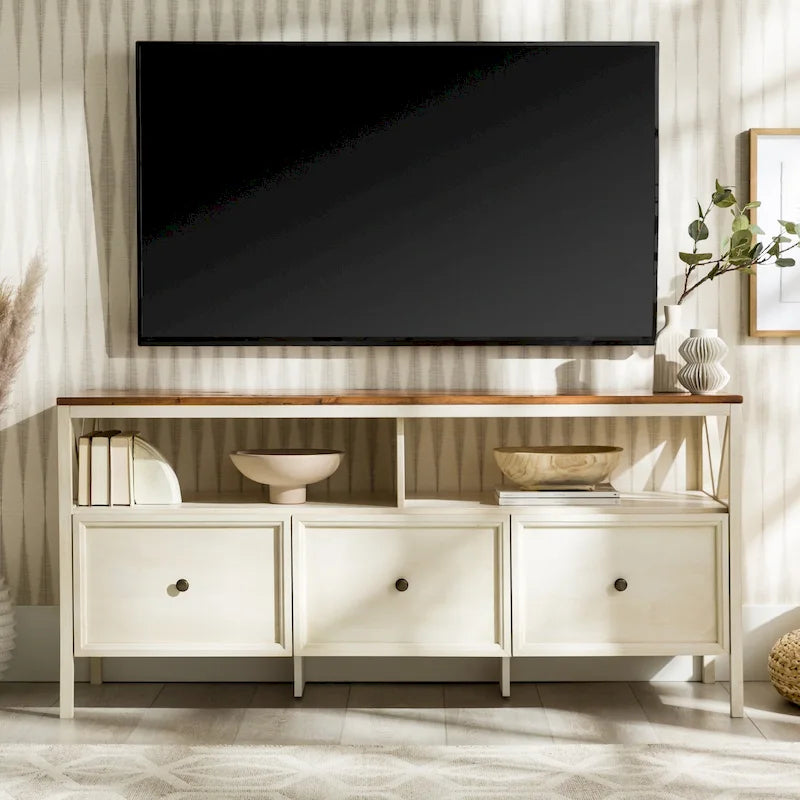 Meuble TV rustique bicolore de 60 po avec 3 tiroirs et compartiments ouverts — Style Ferme
