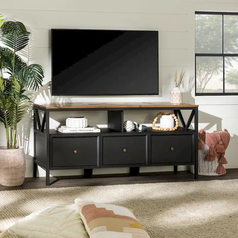 Meuble TV rustique bicolore de 60 po avec 3 tiroirs et compartiments ouverts — Style Ferme