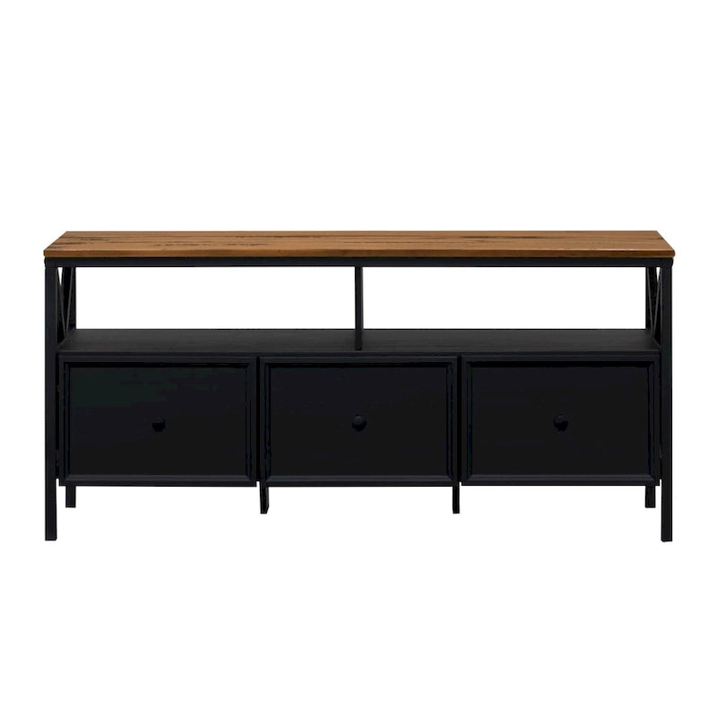 Meuble TV rustique bicolore de 60 po avec 3 tiroirs et compartiments ouverts — Style Ferme