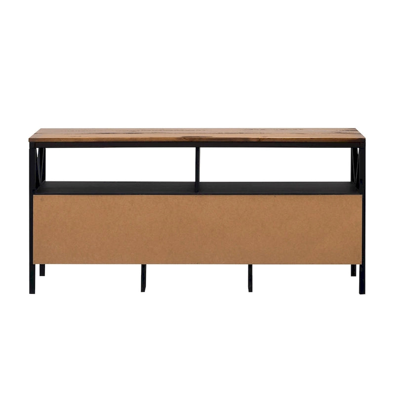 Meuble TV rustique bicolore de 60 po avec 3 tiroirs et compartiments ouverts — Style Ferme