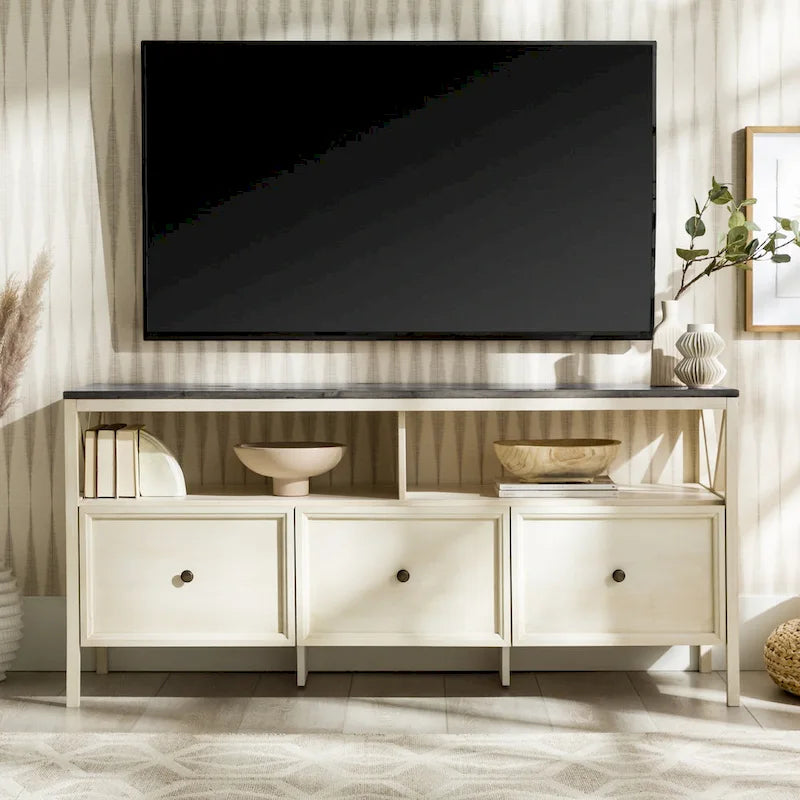 Meuble TV rustique bicolore de 60 po avec 3 tiroirs et compartiments ouverts — Style Ferme