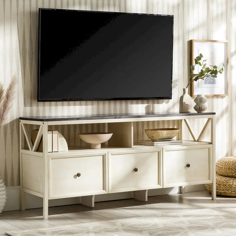 Meuble TV rustique bicolore de 60 po avec 3 tiroirs et compartiments ouverts — Style Ferme