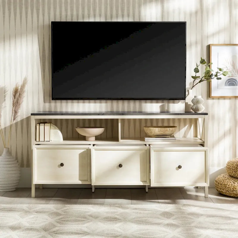 Meuble TV rustique bicolore de 60 po avec 3 tiroirs et compartiments ouverts — Style Ferme