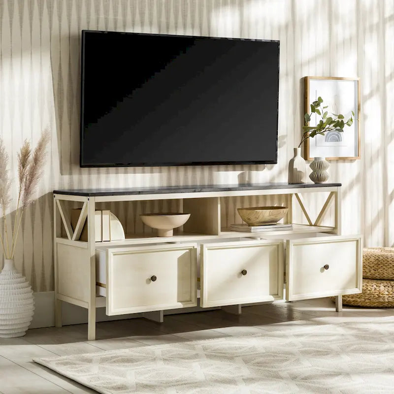Meuble TV rustique bicolore de 60 po avec 3 tiroirs et compartiments ouverts — Style Ferme