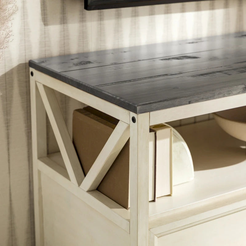 Meuble TV rustique bicolore de 60 po avec 3 tiroirs et compartiments ouverts — Style Ferme