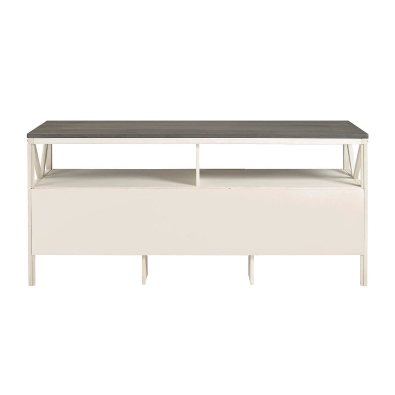 Meuble TV rustique bicolore de 60 po avec 3 tiroirs et compartiments ouverts — Style Ferme