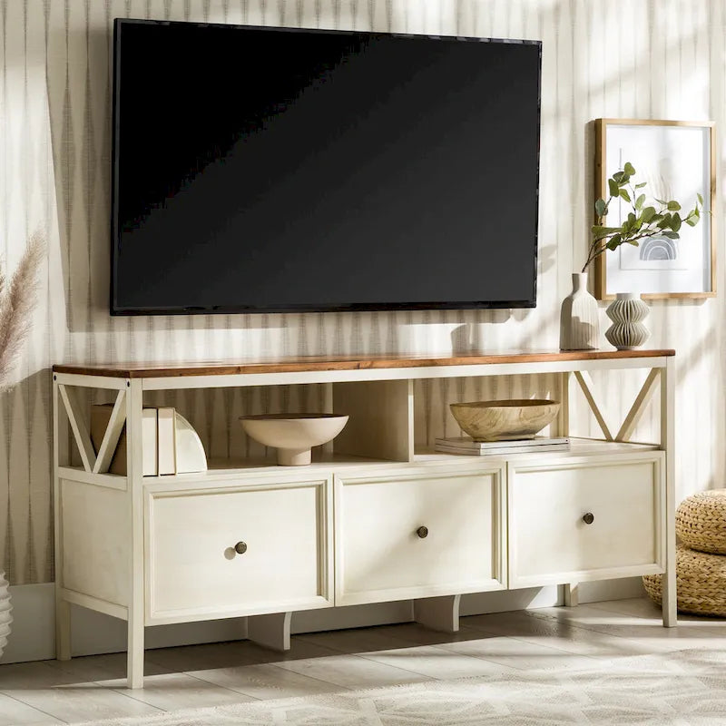 Meuble TV rustique bicolore de 60 po avec 3 tiroirs et compartiments ouverts — Style Ferme
