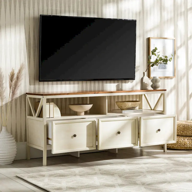 Meuble TV rustique bicolore de 60 po avec 3 tiroirs et compartiments ouverts — Style Ferme