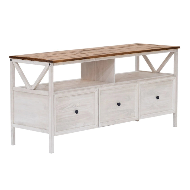 Meuble TV rustique bicolore de 60 po avec 3 tiroirs et compartiments ouverts — Style Ferme