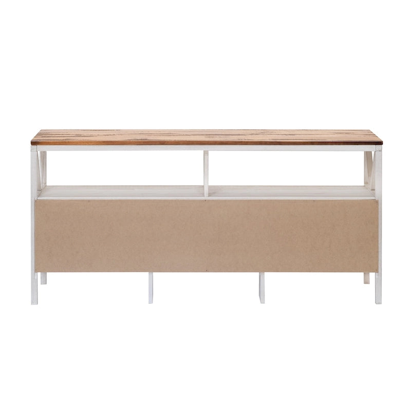 Meuble TV rustique bicolore de 60 po avec 3 tiroirs et compartiments ouverts — Style Ferme
