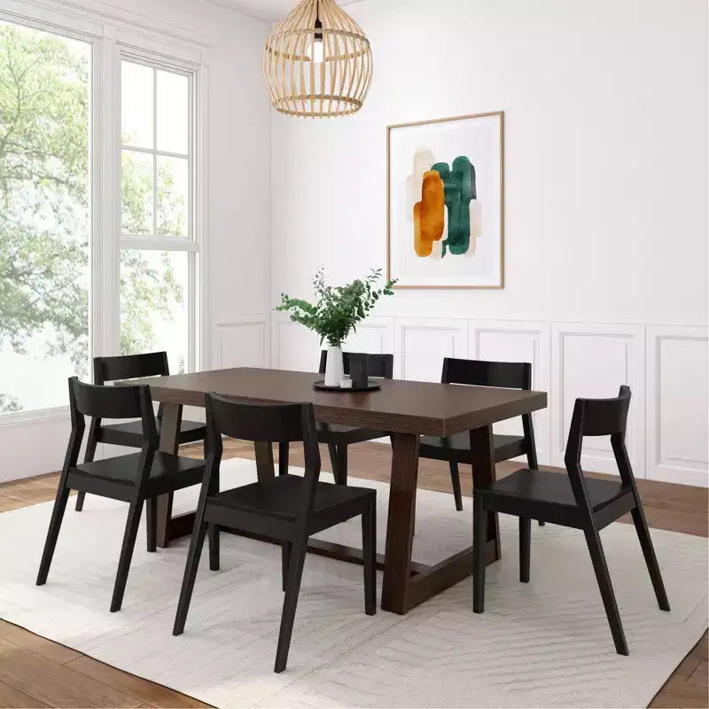 Plank+Beam 72 Classic Solid Wood Dining Table Set, Walnut Wirebrush, + 6 Chairs
