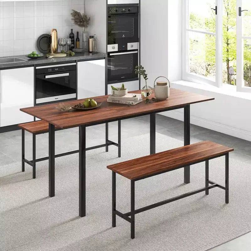 Costway 3 Piece Dining Table Set for 4-6 63Kitchen Table with 2 Benches Metal Frame Black/Walnut
