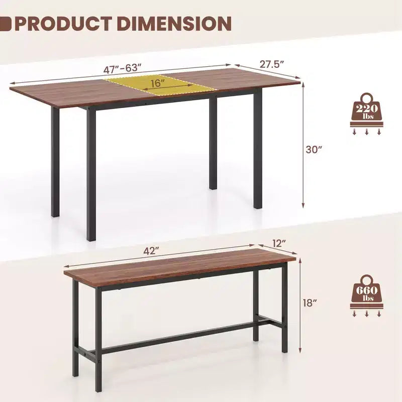 Costway 3 Piece Dining Table Set for 4-6 63Kitchen Table with 2 Benches Metal Frame Black/Walnut