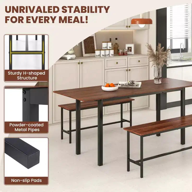 Costway 3 Piece Dining Table Set for 4-6 63Kitchen Table with 2 Benches Metal Frame Black/Walnut